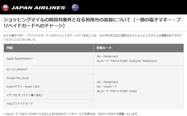 JALは、電子マネー・プリペイドカードへのチャージでのショッピングマイル積算終了を発表！