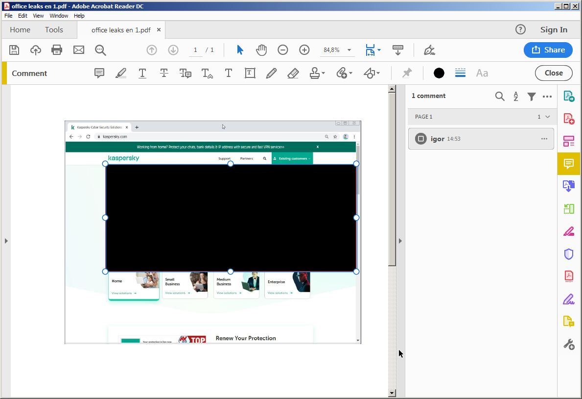 Adobe Acrobat Reader:画像の一部を隠したところ