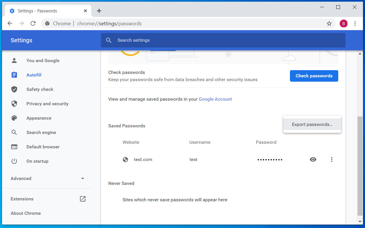 Export Chrome passwords