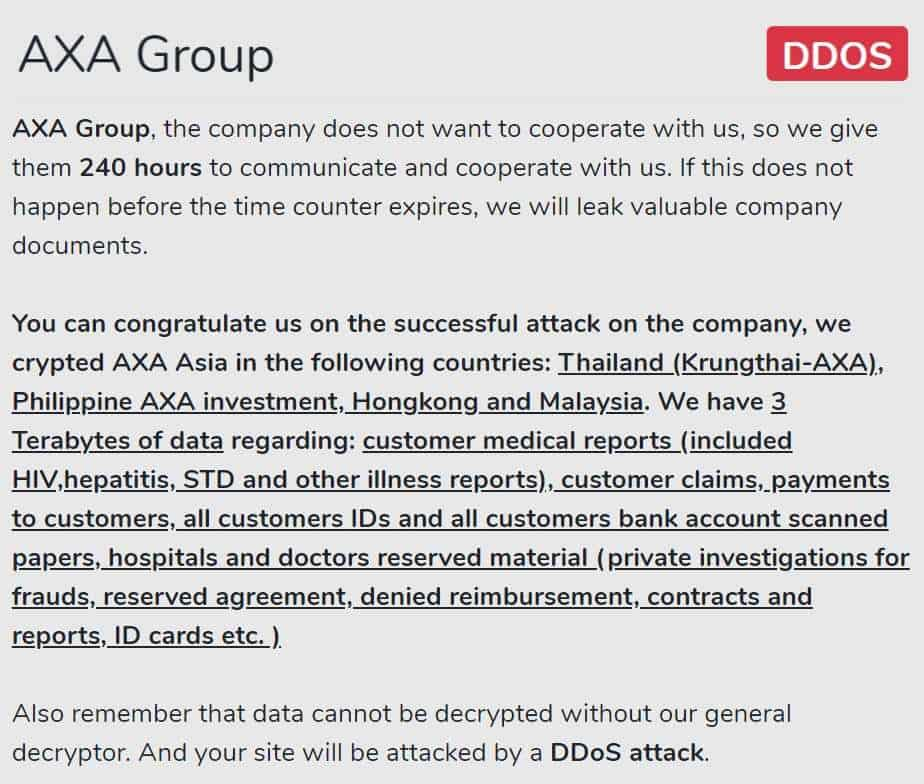 Avaddon ransomware hits French insurance giant AXA; 3TB data stolen