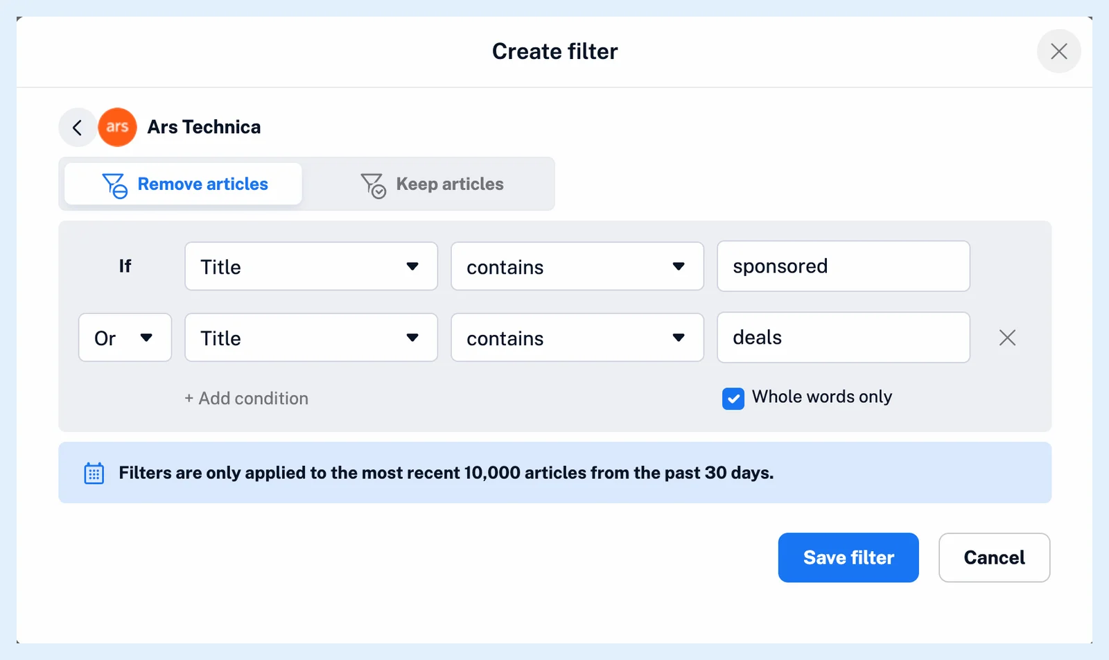 Ein Inhaltsfilter in Inoreader, der so eingestellt ist, dass er Artikel entfernt, deren Titel ein Wort enthält.