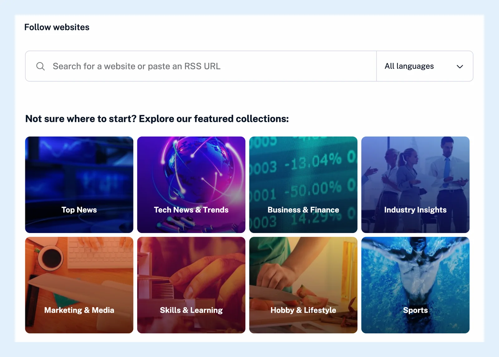 Die Website-Suche in Inoreader mit den empfohlenen Sammlungen unter dem Suchfeld