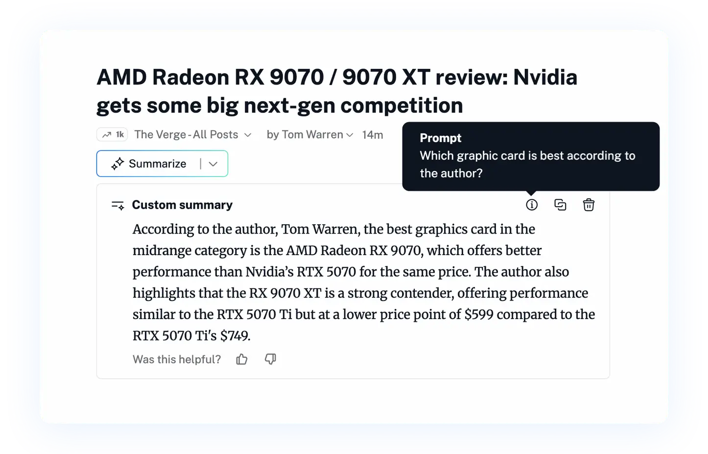 An article in Inoreader with its AI summary shown under the title and the prompt menu open