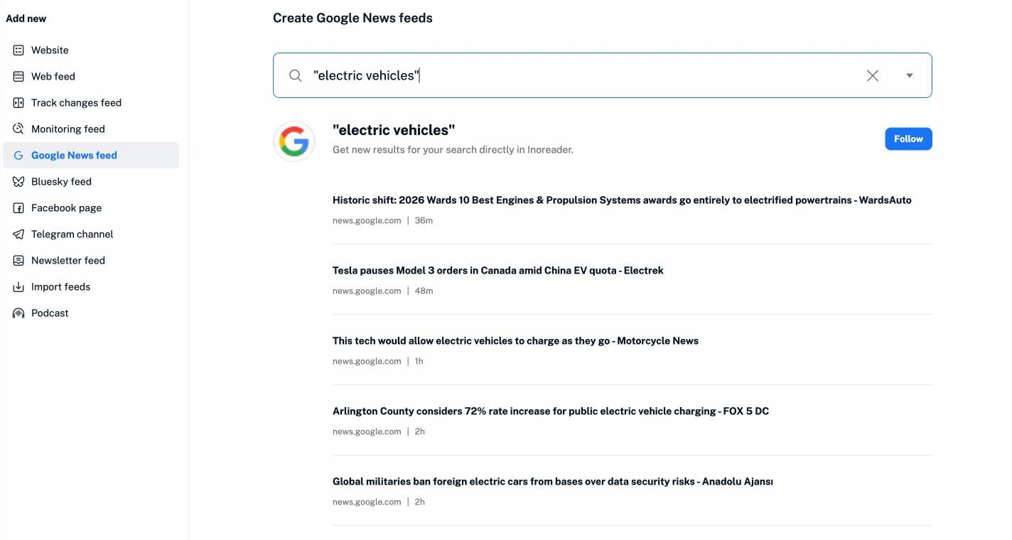 Creating a Google News feed in Inoreader: a search with its latest results and the Follow button