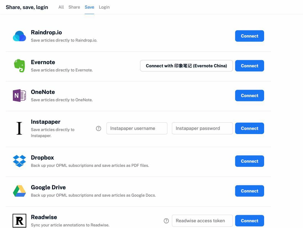 The Share, save, login preferences in Inoreader with the connected services